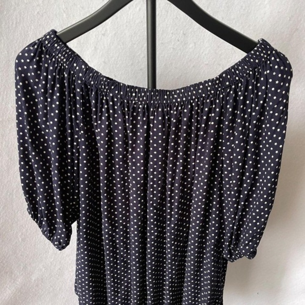 Navy Blue Star Polka Dot Off‎ Shoulder Blouse Puff Sleeve Top Womens XL
